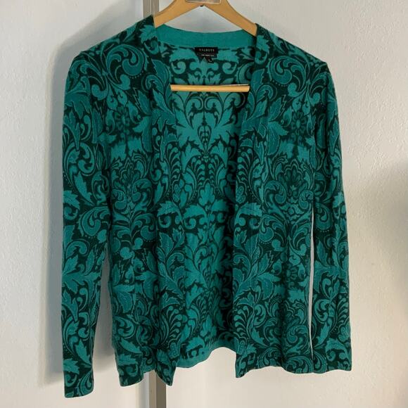Talbots Wool Cardigan Sweater Teal Scroll Print Whimsigoth Small Quiet Luxury - Picture 5 of 8
